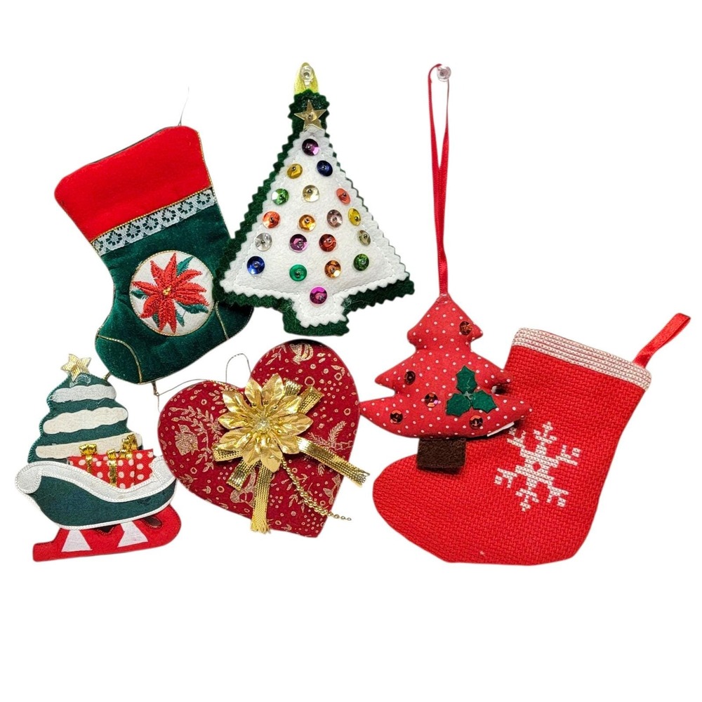 VTG 80s Christmas Ornaments Lot of 6 Stocking Heart Tree Holiday Decorations